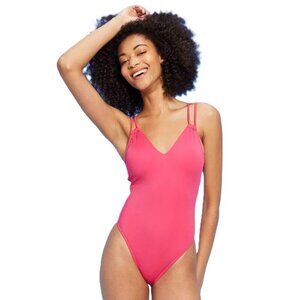 Shade & Shore Pink Plunge Front Dual Strap Cheeky 1 Pc Swimsuit -- Size XS 0-2